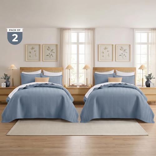 Twin Quilt Set with Wave Pattern - Washed Blue Bedspread 2 Pack - Linen Embossed Design