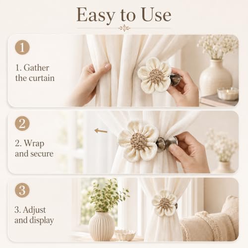 Natural Linen Curtain Tiebacks with Flower Accent - 2 Pack