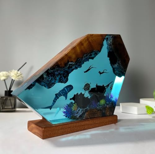 Resin Ocean Night Light - 6x4in Epoxy Bedside Lamp with Underwater Scene - Diver & Marine Decor