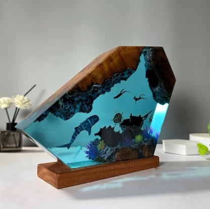 Resin Ocean Night Light - 6x4in Epoxy Bedside Lamp with Underwater Scene - Diver & Marine Decor