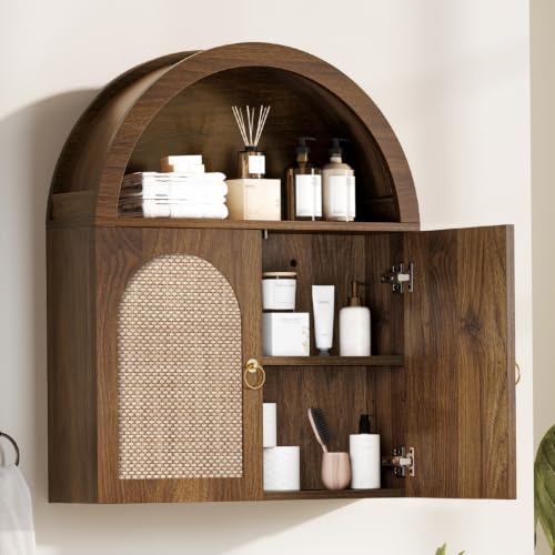 Walnut Arched Bathroom Wall Cabinet with Rattan Doors and Adjustable Shelves