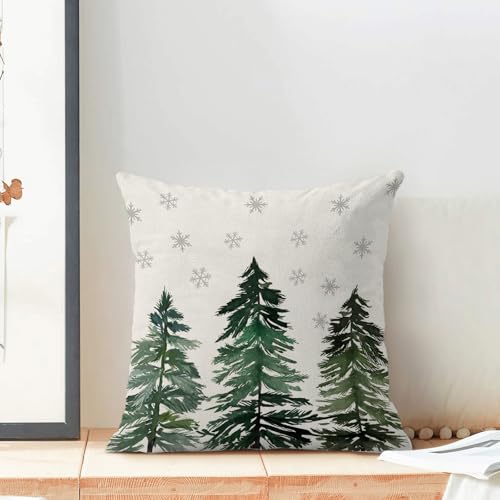 Sage Green Christmas Pillow Covers 18x18 Inch Set of 2 Snowflake & Tree Design