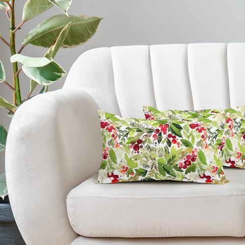 J-Green Christmas Watercolor Holly Lumbar Pillow Covers Set of 2 12x20 Inches Seasonal Decor