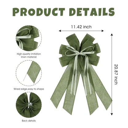 Green Burlap Bow for Christmas Wreath - 20x11 Inch Holiday Front Door Decor
