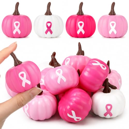 24 Pcs Breast Cancer Awareness Foam Pumpkins Pink Ribbon Gift Set - Fall Halloween Charity Decor