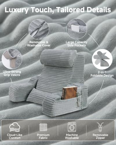 Foldable Reading Pillow for Bed 19" Grey 5-Piece Support System