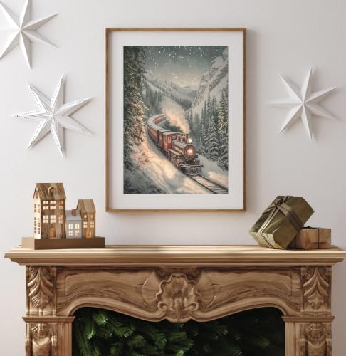 Vintage Christmas Train Wall Art Canvas Print Snowy Mountain Scene 14 x 11