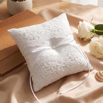Pearl Ivory Wedding Ring Pillow with Lace and Ribbon Bow for Ceremony