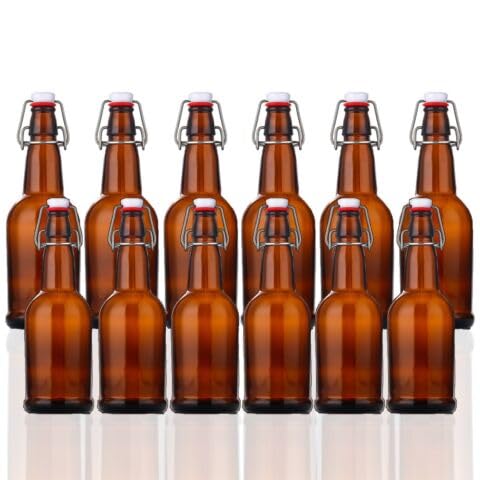 SURESAVE-USA Beer Bottles with Easy Flip Top | 16 Oz Amber Glass Bottle Set with Airtight Cap for Kombucha, Carbonated Drinks, Brewing, and Fermenting (12 Pack)