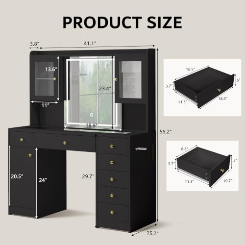 iPormis Black Vanity Desk with Mirror, RGB Lights, 2 Outlets & 7 Drawers