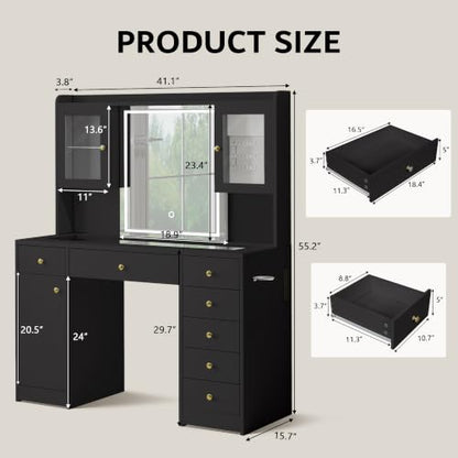 iPormis Black Vanity Desk with Mirror, RGB Lights, 2 Outlets & 7 Drawers