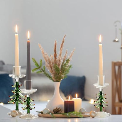 Green Christmas Tree Candle Holders Set of 3 - Rustic Glass Taper Candlesticks for Holiday Decor