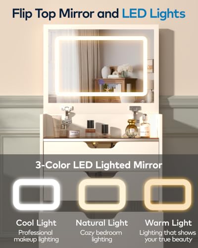 3-in-1 Vanity Desk with LED Flip Mirror, 17.9" W x 13.8" D x 33.9" H - White