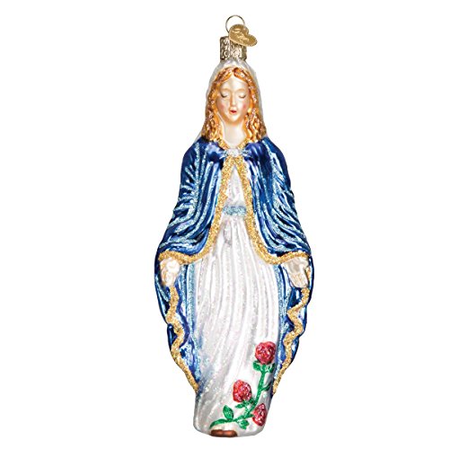 Virgin Mary Glass Ornament - Handcrafted Religious Holiday Decoration, 6.25 In - Blue & White