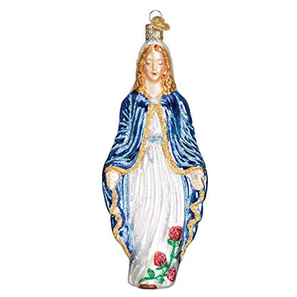 Virgin Mary Glass Ornament - Handcrafted Religious Holiday Decoration, 6.25 In - Blue & White
