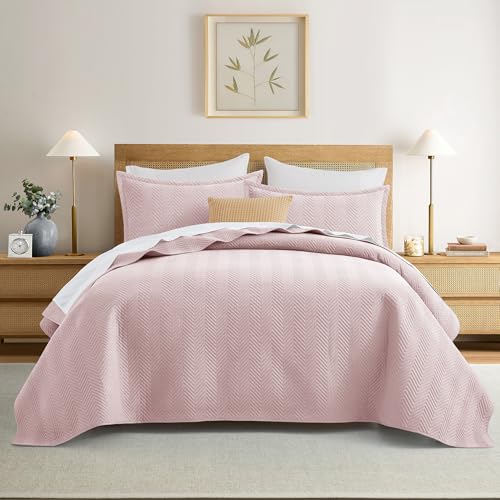 Twin Linen Quilt Set with Embossed Chevron Pattern - Baby Pink Bedspread Coverlet