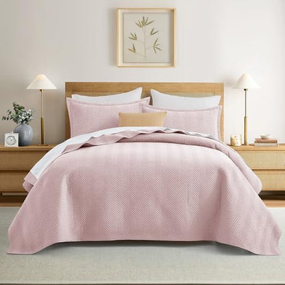 Twin Linen Quilt Set with Embossed Chevron Pattern - Baby Pink Bedspread Coverlet