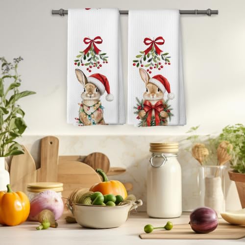 Christmas Bunny Kitchen Towels Set of 2 - Holiday Rabbit Decor, Bunny Variation