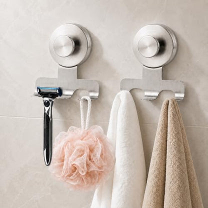 Heavy-Duty Shower Razor Holder Suction Cup Hooks - Brushed Silver, 2 Pack