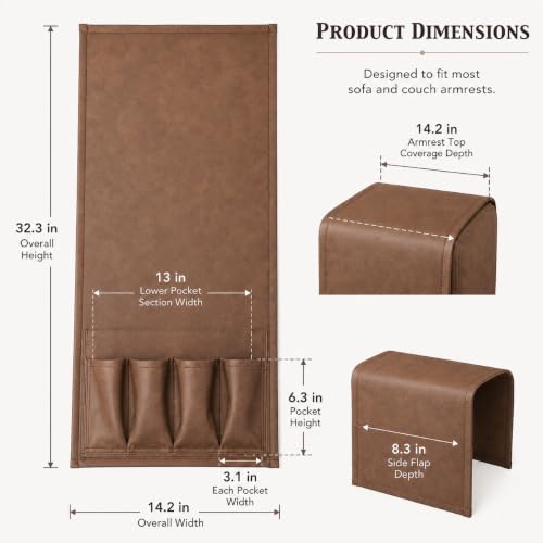 Brown Leather Sofa Armrest Organizer for Couch & Recliner – Waterproof Multi-Pocket Couch Caddy with Magazine & Small Item Storage - Variations of This Listing
