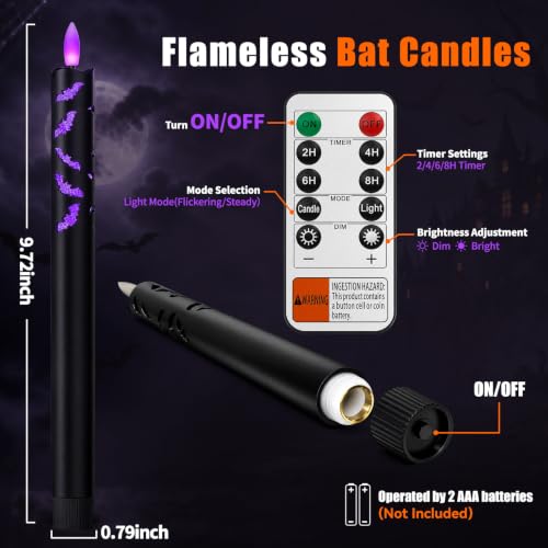 Halloween Flameless Taper Candles with Remote & Timer - Black, 9.8 Inch - Set of 2