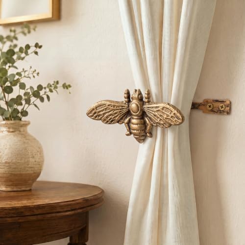 Bee Curtain Holdbacks Antique Brass Metal Hooks for Window Decor - Set of 2