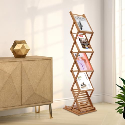 5-Tier Foldable Bamboo Magazine Rack Floor Stand - 56 Inch Storage Organizer