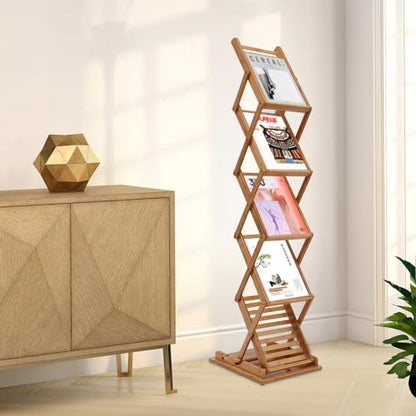 5-Tier Foldable Bamboo Magazine Rack Floor Stand - 56 Inch Storage Organizer