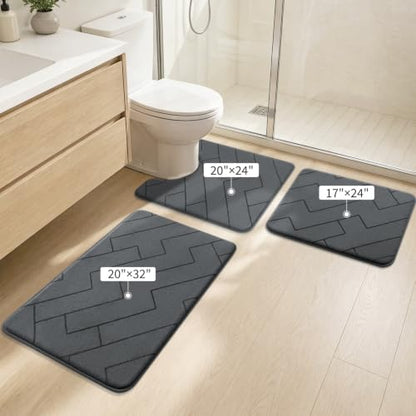 YIHOUSE 3-Piece Bathroom Rug Set Dark Grey Geometric Memory Foam Bath Mats