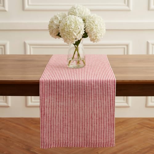 Pure Linen Table Runner 14x72 in Red & White Striped - Handcrafted Farmhouse Decor