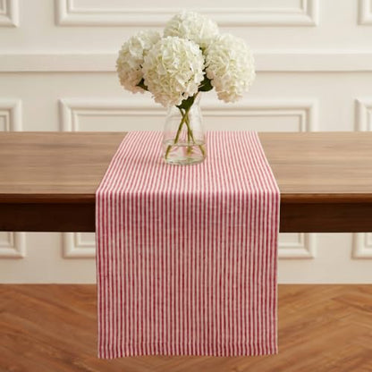 Pure Linen Table Runner 14x72 in Red & White Striped - Handcrafted Farmhouse Decor