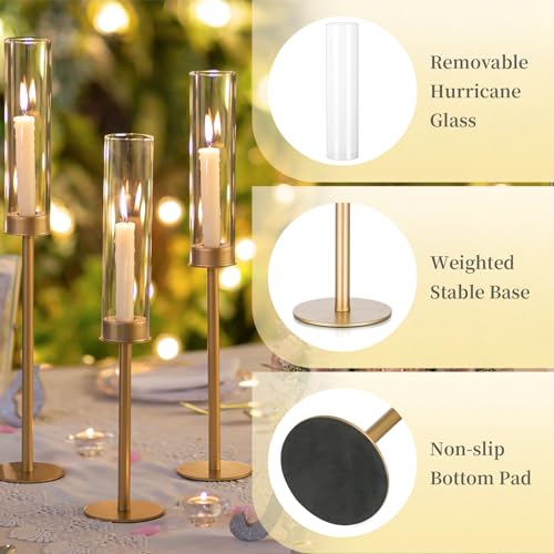 Hewory Gold Candlestick Holders 12PCS Glass Hurricane Tall Brass Base Matte Gold