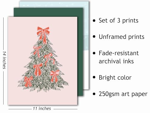 Pink Christmas Wall Art Set of 3 Vintage Holiday Posters 11x14 Inches