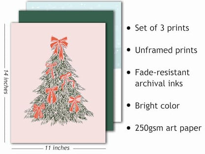 Pink Christmas Wall Art Set of 3 Vintage Holiday Posters 11x14 Inches