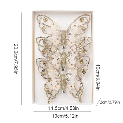 Glitter Butterfly Christmas Tree Ornaments 3-Pack with Clips - Golden Holiday Decor