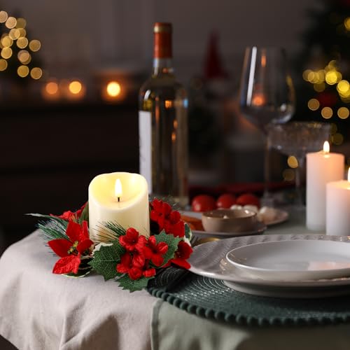 Christmas Candle Rings Set with Red Poinsettia and Pine Decor - 6 Pack
