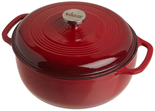 Lodge 6 Quart Enameled Cast Iron Dutch Oven with Lid – Dual Handles – Oven Safe up to 500° F or on Stovetop - Use to Marinate, Cook, Bake, Refrigerate and Serve – Island Spice Red