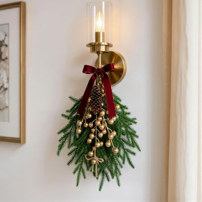 Fake Xmas Norfolk Pine Stems with Pinecones & Gold Berries - 12PCS