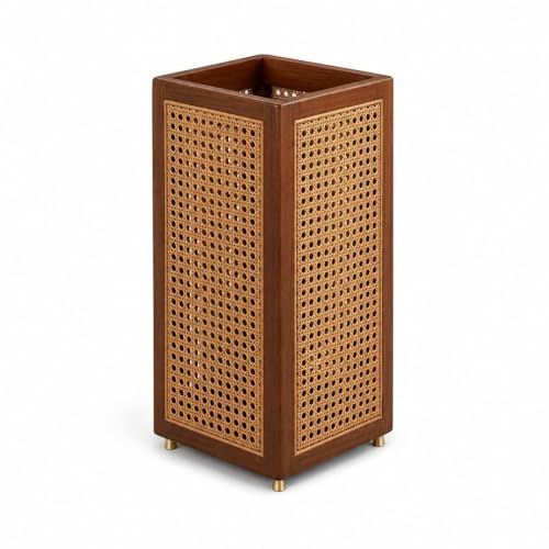 Plastic Rattan Umbrella Stand for Entryway, Tall Square Holder Basket with Drip Tray