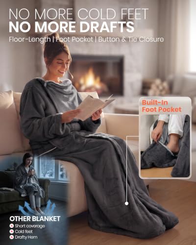 Wearable Heated Blanket with Foot Pockets and Gray Belt - Heat Lock Technology