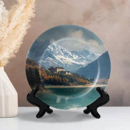 Mountain Lake Switzerland Ceramic Decorative Plate 8x8 Inch with Stand - White Elephant Gift
