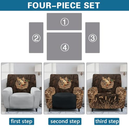 Duck Hunting Camo Print Recliner Chair Cover - 4-Piece Stretch Slipcover with Side Pocket