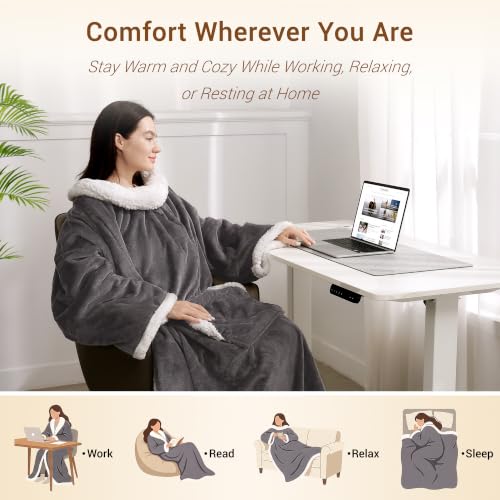 Wearable Heated Blanket with Foot Pocket & Sleeves - Grey, Long