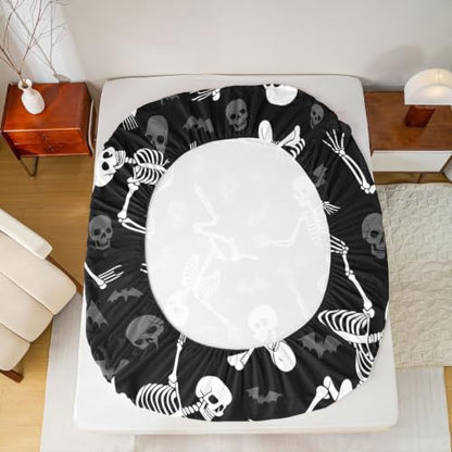 Obsidian Black & Off-White Queen Bed Sheet Set with Skeleton Print & Deep Pockets