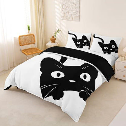 Queen Size Black Cat Comforter Cover Set with Hidden Zipper & Corner Ties