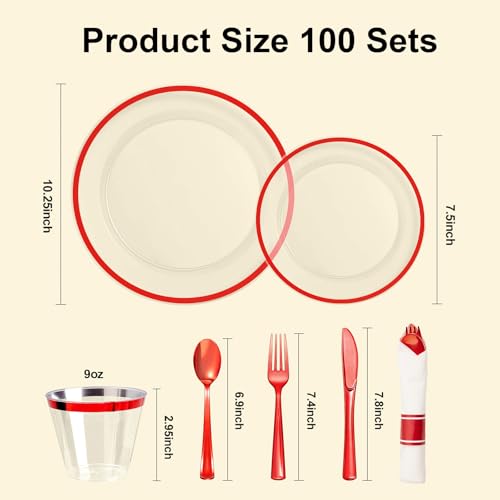 Red Disposable Plates Set for 100 Guests - 700 Pieces Party Dinnerware