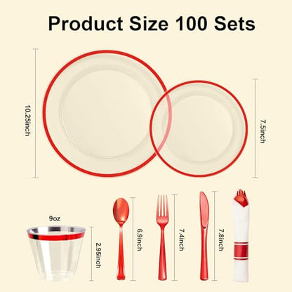 Red Disposable Plates Set for 100 Guests - 700 Pieces Party Dinnerware