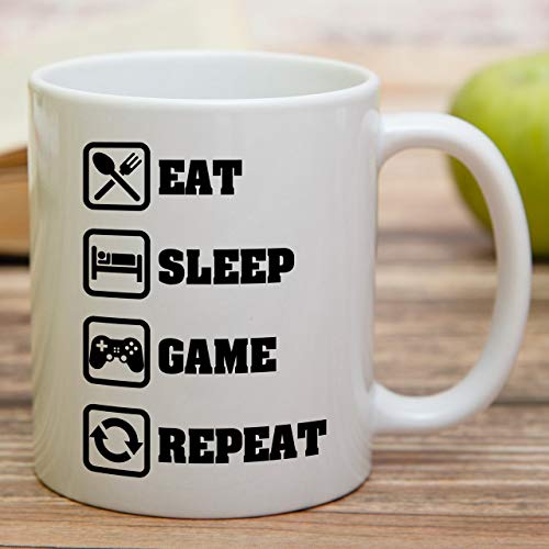 White Ceramic Gamer Mug 11 Oz - Eat Sleep Game Repeat - Funny Coffee Cup