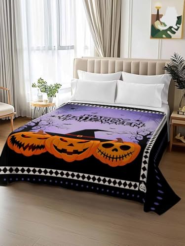 Halloween Twin Flat Sheet - Purple Bats & Pumpkin Design, Luxury Hotel Quality Bedding