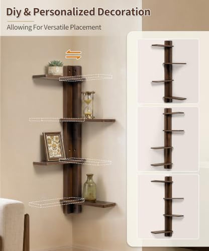 SUMGAR Walnut 4-Tier Corner Floating Shelves - Left or Right Layout, MCM Style